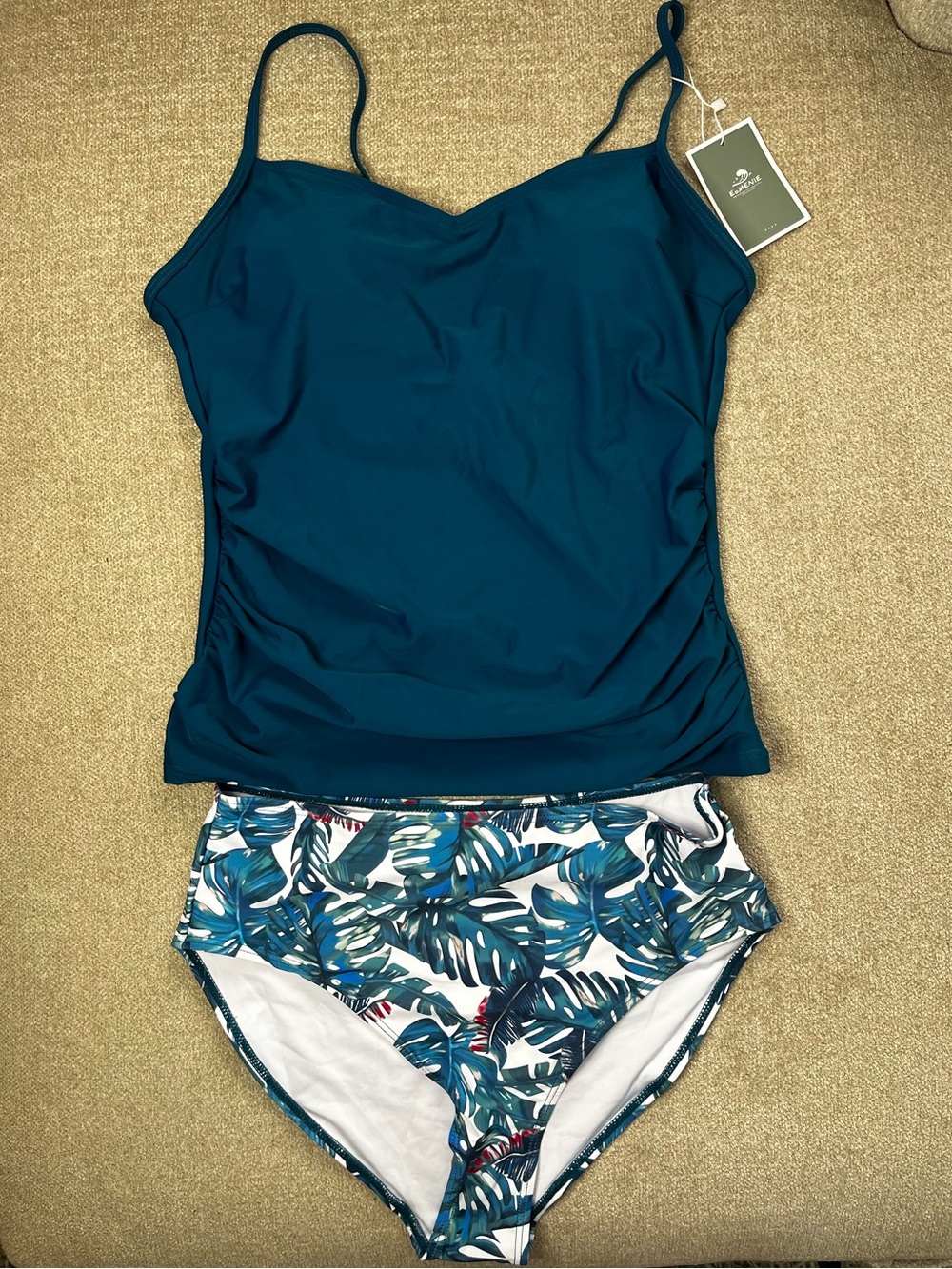 NWT Eomenie Large Catalina Teal Tankini Set with Tropical Print Bottoms